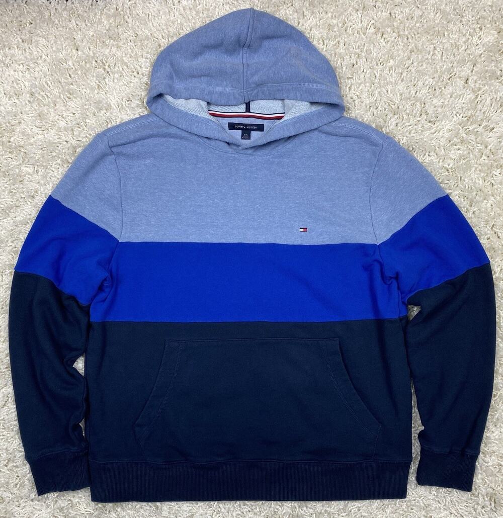 Tommy Hilfiger Men's Colorblock Hoodie Sz L Blue Navy Pullover Sweatshirt